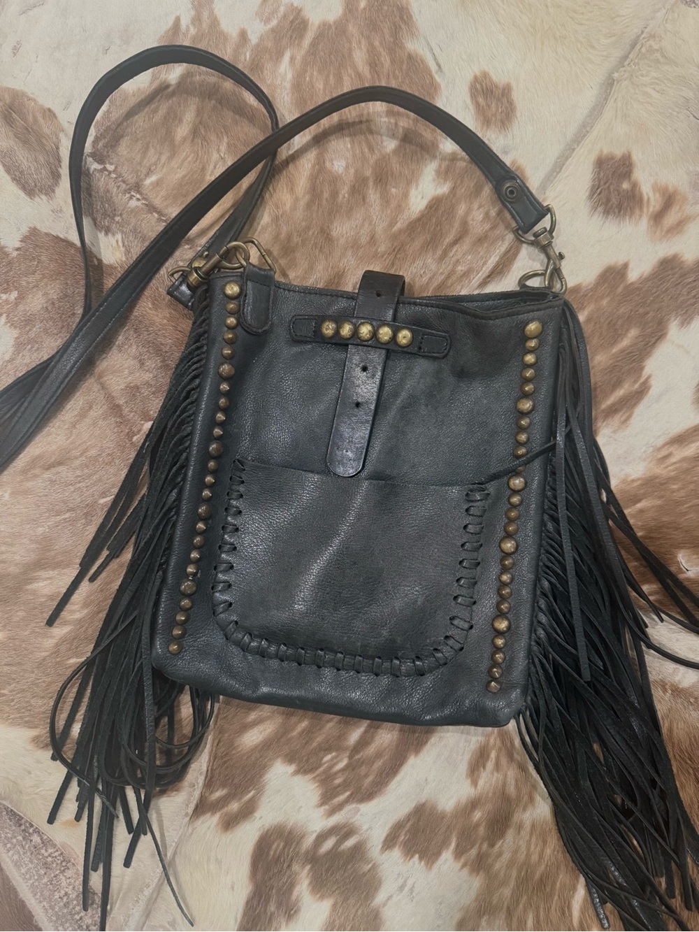 Fringed Stud Leather Crossbody Bag - Black